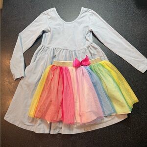 Hanna Andersson Size 5 Set, Slate Blue Dress with Pockets and Rainbow Tutu Skirt